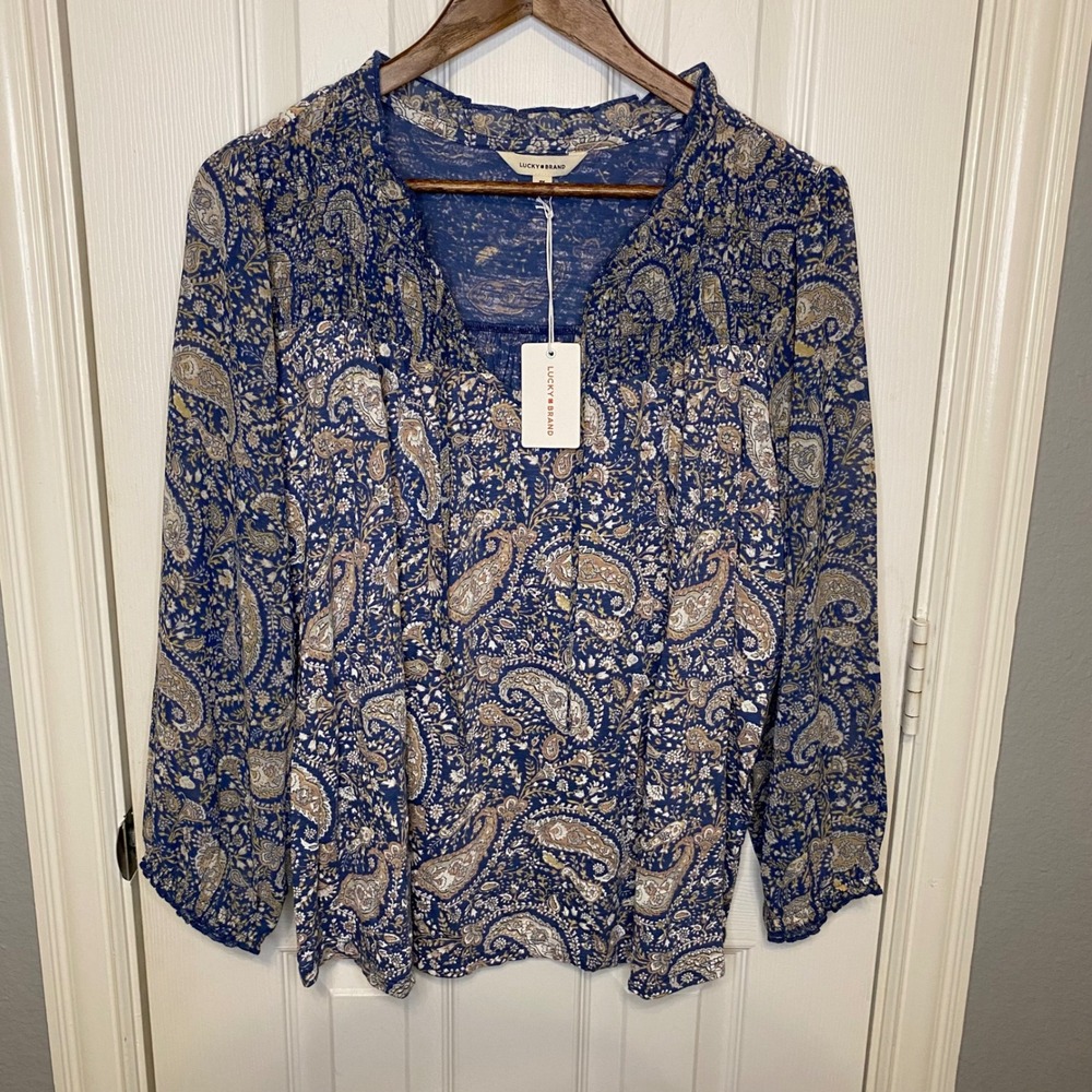 Lucky Brand Blue Paisley Floral Smocked Peasant Blouse Top 2X Boho Cottagecore
